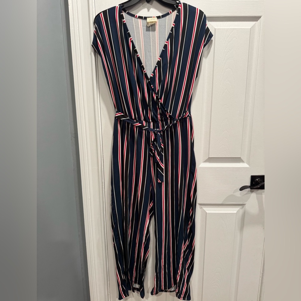 Caution To The Wind Navy and Pink Striped Jumpsuit